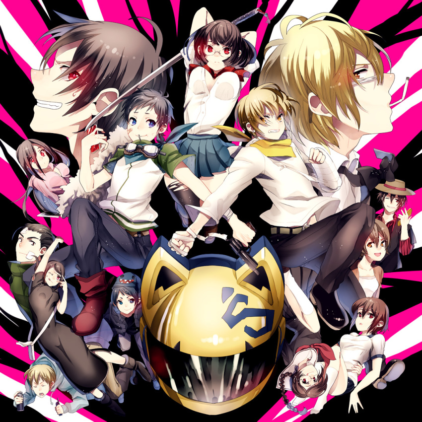 animal_helmet, black_hair, blonde_hair, blue_eyes, brown_eyes, brown_hair, celty_sturluson, durarara!!, glasses, heiwajima_shizuo, helmet, houhou_(black_lack), kadota_kyouhei, karisawa_erika, kida_masaomi, kuronuma_aoba, long_hair, mikajima_saki, motorcycle_helmet, niekawa_haruna, orihara_izaya, orihara_kururi, orihara_mairu, red_eyes, rokujou_chikage, ryuugamine_mikado, school_uniform, short_hair, sonohara_anri, sword, weapon, yellow_eyes, yumasaki_walker