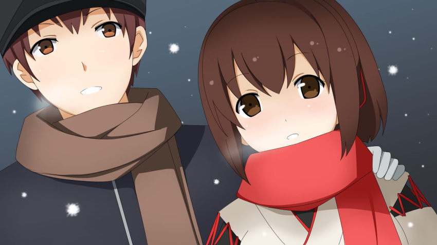 1boy, 1girl, admiral_(kantai_collection), blush, breath, brown_eyes, brown_hair, hand_on_another's_shoulder