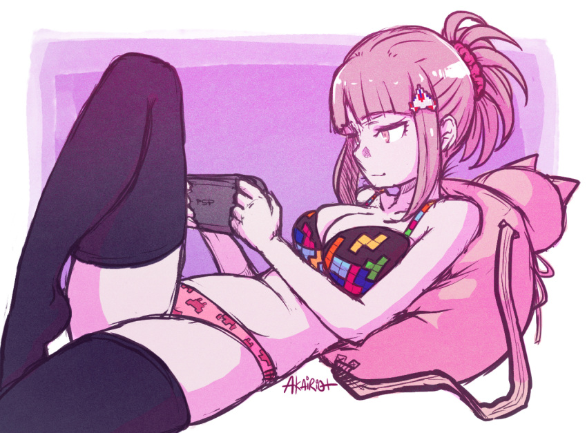 1girl, akairiot, alternate_hairstyle, backpack, bag, bangs, black_legwear, blunt_bangs