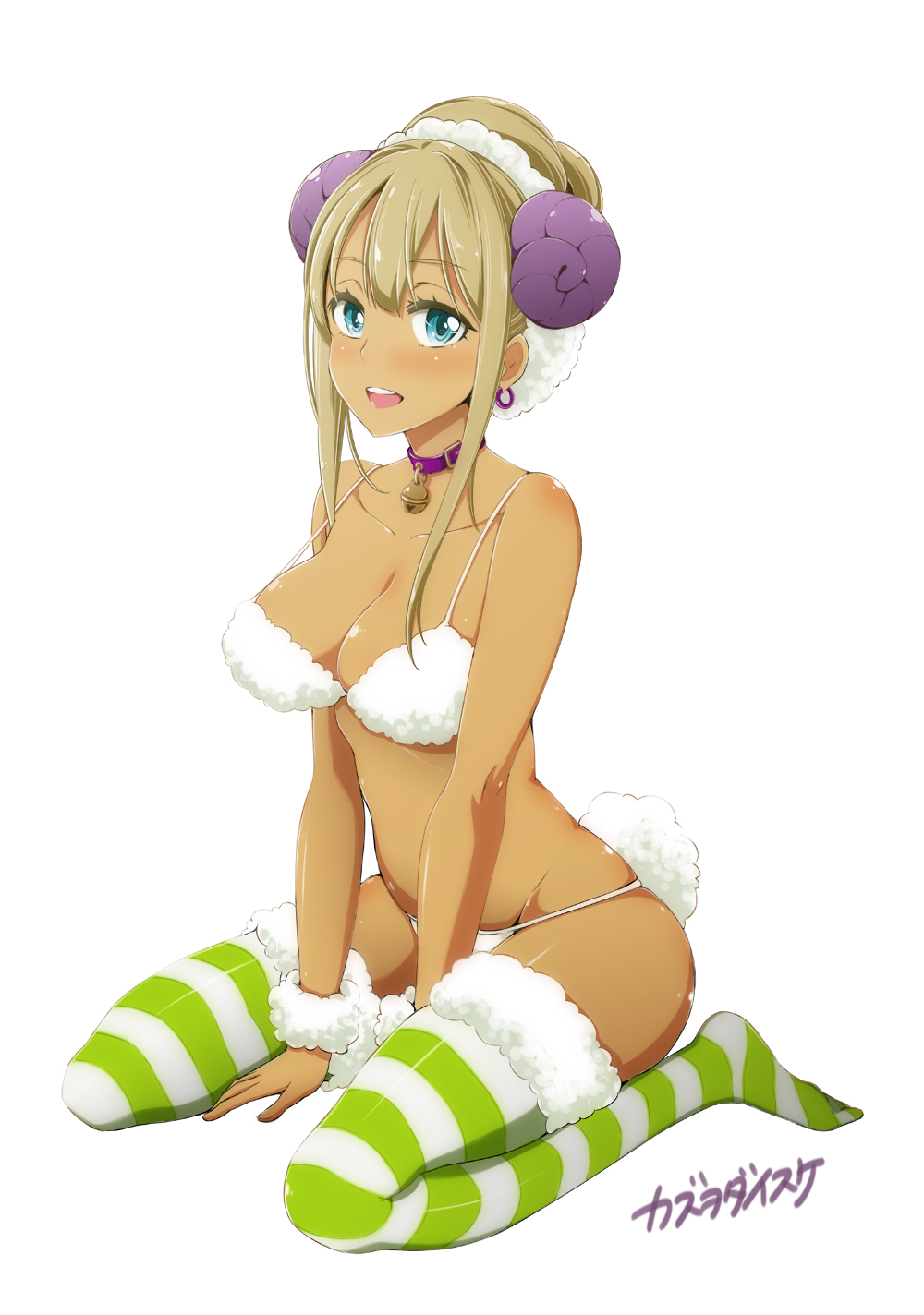 1girl, alessandra_susu, animal_costume, bikini, blonde_hair, blue_eyes, blush, earrings