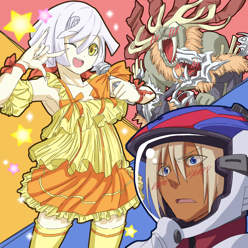 aragami, blue_eyes, blush, chiot_(god_eater), dress, god_eater, god_eater_burst, hachi_kou