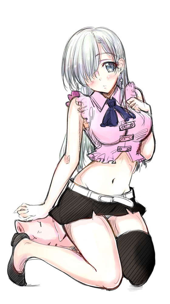 1girl, blue_eyes, earrings, elizabeth_liones, hair_over_one_eye, hawk_(nanatsu_no_taizai), jewelry, kneeling, long_hair, midriff, nanatsu_no_taizai, panties, pantyshot, silver_hair, single_thighhigh, skirt, thigh-highs, tsuchu, underwear
