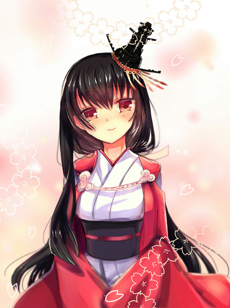1girl, alternate_costume, black_hair, blush, fusou_(kantai_collection), hair_ornament, head_tilt, japanese_clothes