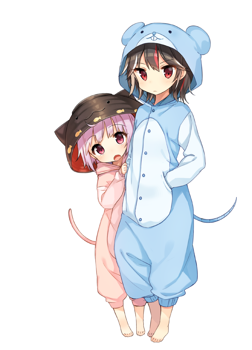 2girls, :3, alternate_costume, animal_ears, barefoot, black_hair, blush, bowl