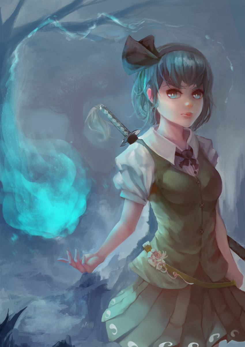 1girl, blouse, collar, ctt_(jeansctt7), green_bottomwear, green_skirt, green_topwear, grey_eyes