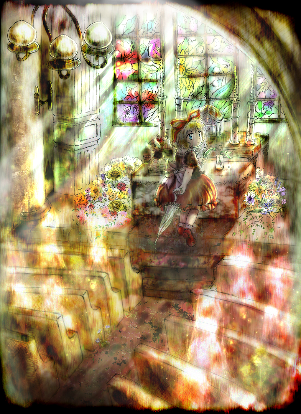 altar, blonde_hair, blue_eyes, bow, candle, chandelier, church, closed_umbrella