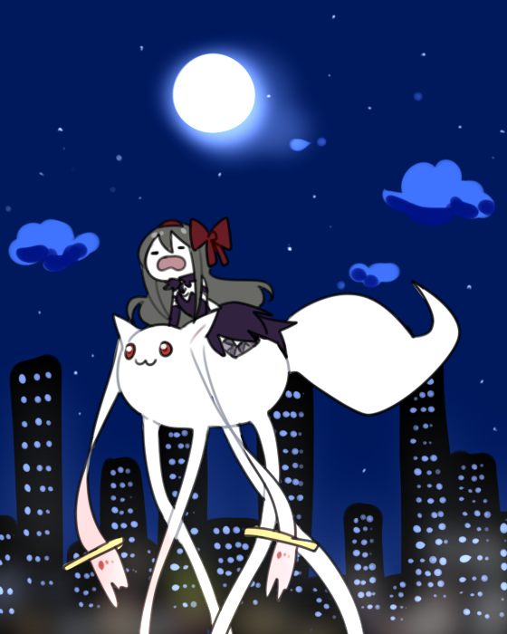 1girl, akemi_homura, akuma_homura, argyle, argyle_legwear, bare_shoulders, black_dress, black_gloves, black_hair, bow, chibi, choker, cityscape, dress, elbow_gloves, fc_(efushii), full_moon, gloves, hair_bow, kyubey, long_hair, mahou_shoujo_madoka_magica, mahou_shoujo_madoka_magica_movie, moon, night, riding, solo, thigh-highs, what