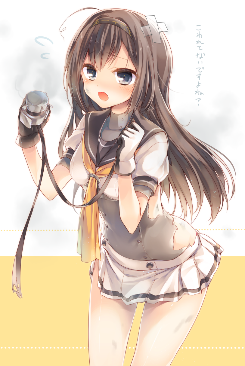 1girl, ahoge, akizuki_(kantai_collection), corset, flying_sweatdrops, gloves, hachimaki, hair_down