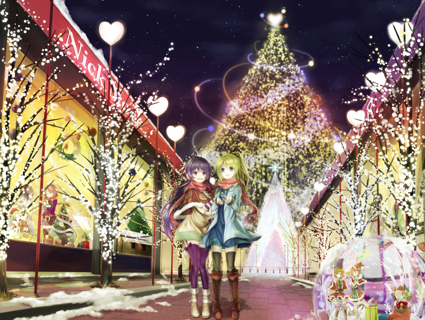 alpaca, ayase_eli, christmas, christmas_tree, earmuffs, hat, highres, hoshizora_rin, koizumi_hanayo, lamppost, love_live!_school_idol_festival, love_live!_school_idol_project, multiple_girls, night, night_sky, nishikino_maki, orien, santa_costume, santa_hat, sky, snow, snow_globe, tagme, toujou_nozomi, yazawa_nico