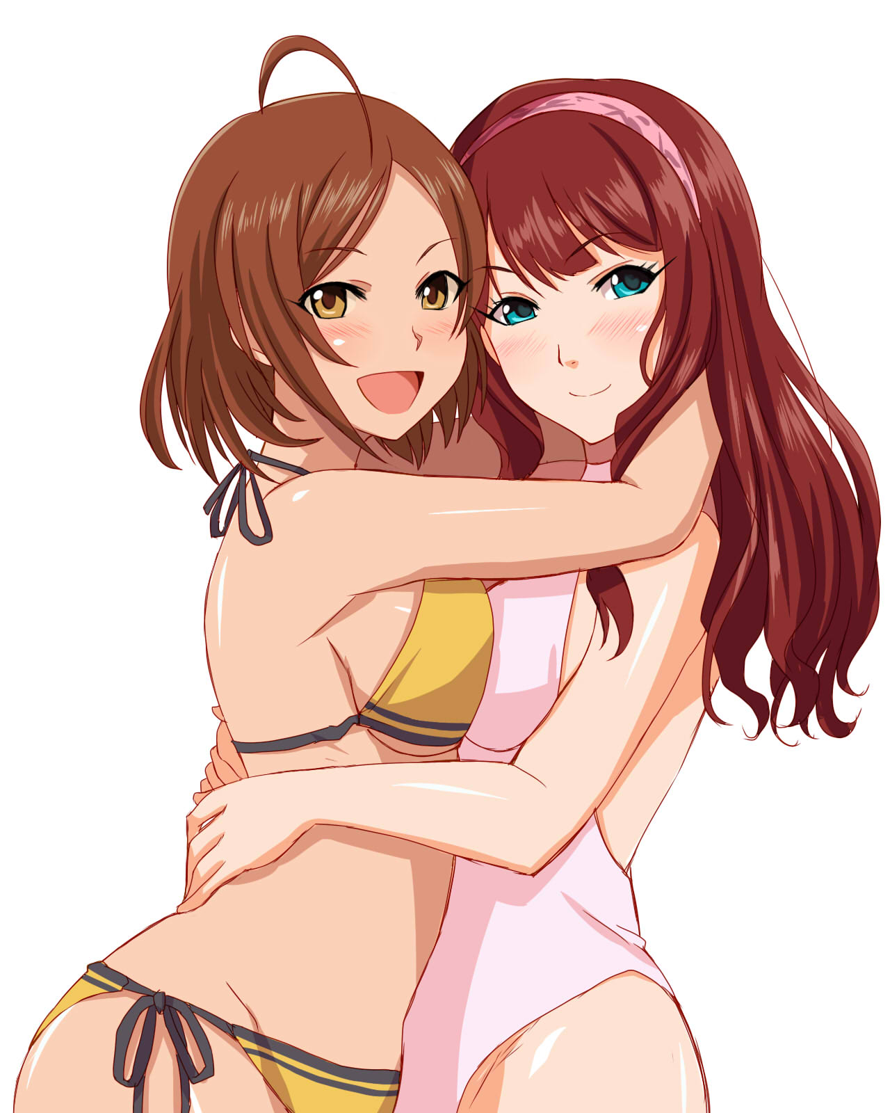 2girls, ahoge, bikini, blue_eyes, breast_press, brown_eyes, brown_hair, hairband