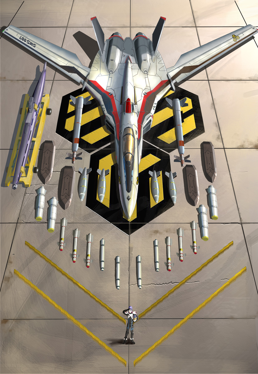 airplane, armor, bomb, emblem, gunpod, hangar, highres, i.t.o_daynamics