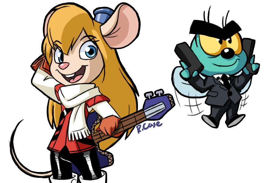 1girl, amarao, animal_ears, bass_guitar, blonde_hair, blue_eyes, chip_'n_dale_rescue_rangers, cosplay