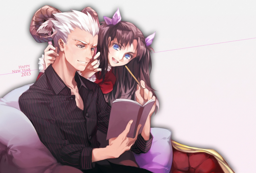 1girl, 2015, archer, blue_eyes, book, brown_eyes, brown_hair, carrot_(supercarrot), dress_shirt, fate/stay_night, fate_(series), happy_new_year, horns, new_year, sheep_horns, shirt, toosaka_rin, two_side_up, white_hair