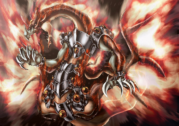 duel_monster, emudoru, fire, lavalval_chain, no_humans, sharp_teeth, solo, yuu-gi-ou