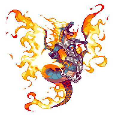 chain, duel_monster, fire, lavalval_chain, lowres, no_humans, pixel_art, sharp_teeth, solo, yuu-gi-ou
