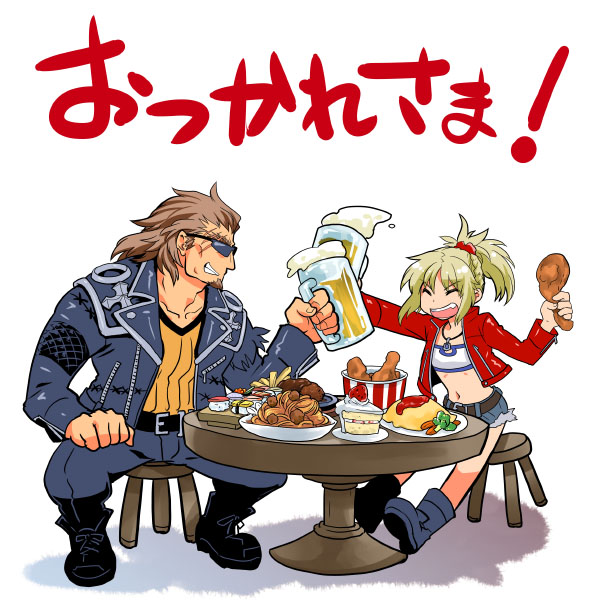 1boy, 1girl, beer_mug, blonde_hair, brown_hair, facial_hair, fate/apocrypha, fate_(series)