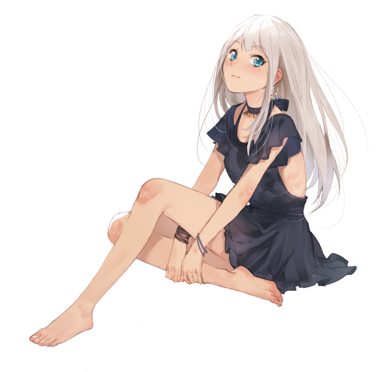 1girl, alessandra_susu, barefoot, blonde_hair, blue_eyes, blush, bracelet, collar