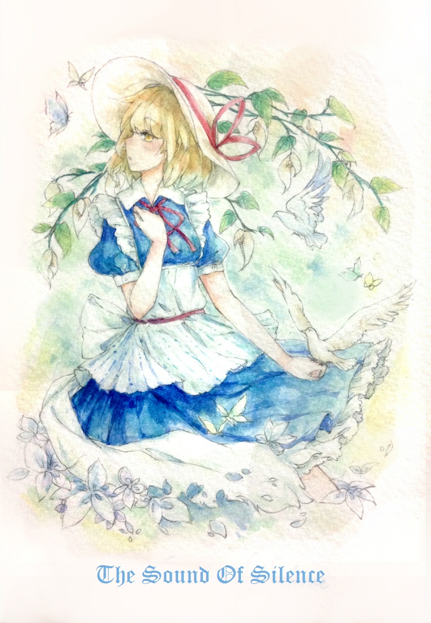 1girl, apron, bird, bird_on_hand, blonde_hair, blue_dress, butterfly, dove, dress, english, flower, hand_on_own_chest, hat, hat_ribbon, highres, kana_anaberal, looking_up, petals, puffy_short_sleeves, puffy_sleeves, ribbon, short_hair, short_sleeves, solo, touhou, touhou_(pc-98), yellow_eyes, yorktown_cv-5