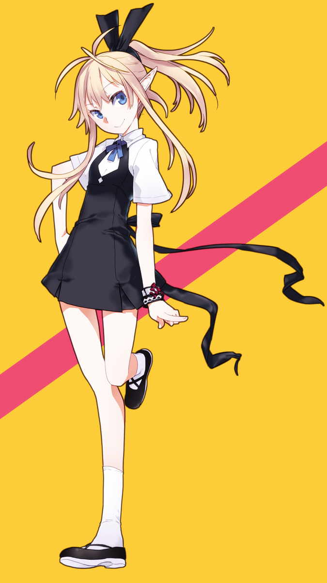 1girl, blonde_hair, blue_eyes, dress, hair_ornament, hair_ribbon, highres, kuze_(ira)