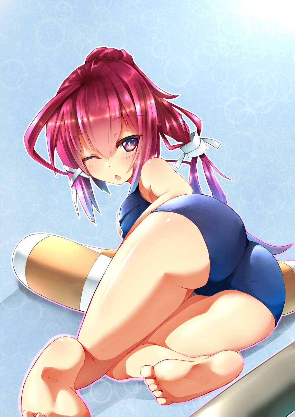 highres, i-168_(kantai_collection), innertube, kantai_collection, long_hair, ponytail, red_eyes, redhead