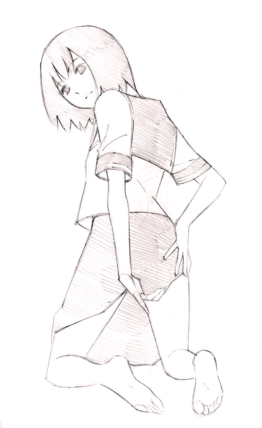 1girl, balance_policy, barefoot, monochrome, original, school_uniform, short_hair, sketch, solo, traditional_media, yoshitomi_akihito