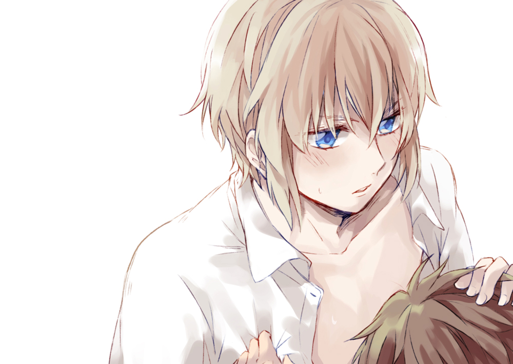 2boys, blue_eyes, blush, brown_hair, buddy_complex, bust, hand_on_another's_head, jun'you_dio_weinburg