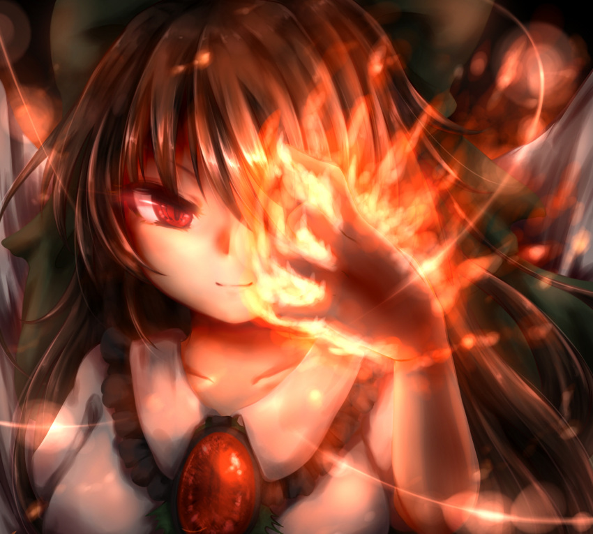 1girl, bow, brown_hair, burning_hand, bust, collarbone, face, flame