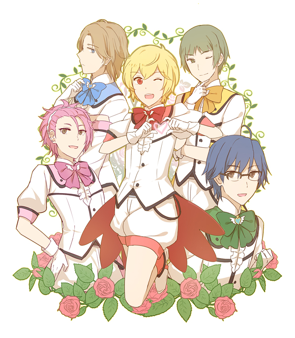 5boys, binan_koukou_chikyuu_bouei-bu_love!, blonde_hair, blue_eyes, blue_hair, brown_eyes, brown_hair, flower
