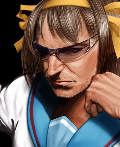 bono_(u2), brown_hair, cosplay, crossdressinging, facial_hair, hair_ribbon, hands, lowres, male, nose, parody, pun, realistic, ribbon, school_uniform, serafuku, stubble, sunglasses, suzumiya_haruhi, suzumiya_haruhi_(cosplay), suzumiya_haruhi_no_yuuutsu, tan, u2, what, wrap-around_shades