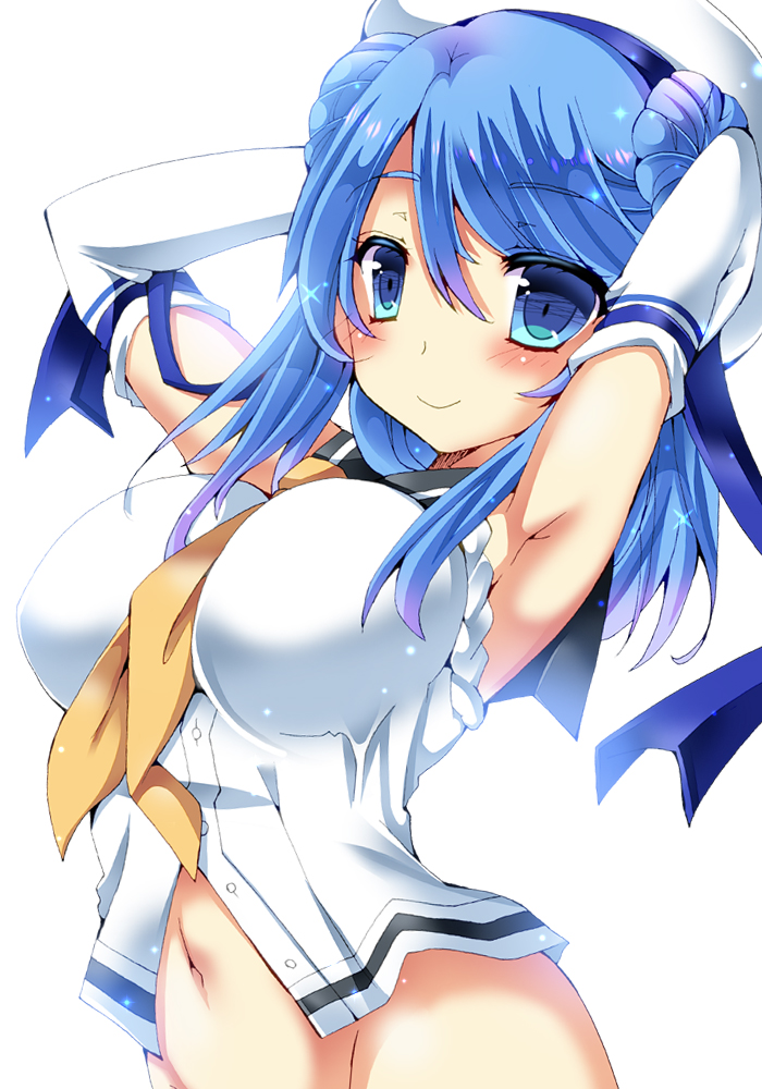 1girl, armpits, blue_eyes, blue_hair, blush, bottomless, breasts, double_bun