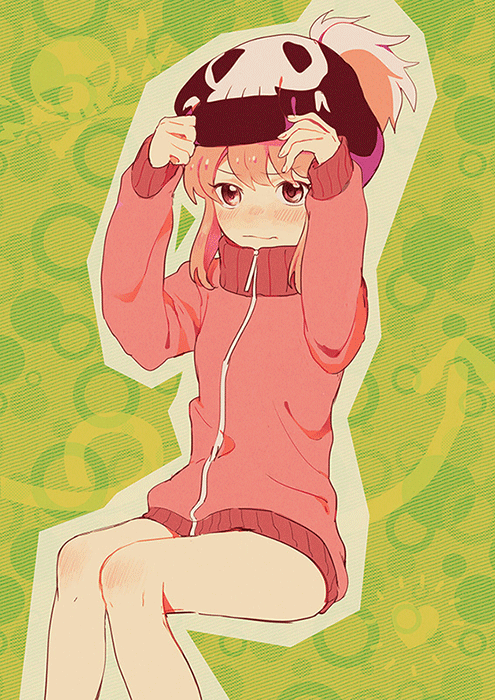 1girl, beanie, blush, directional_arrow, green_background, hands_on_headwear, hat, heart