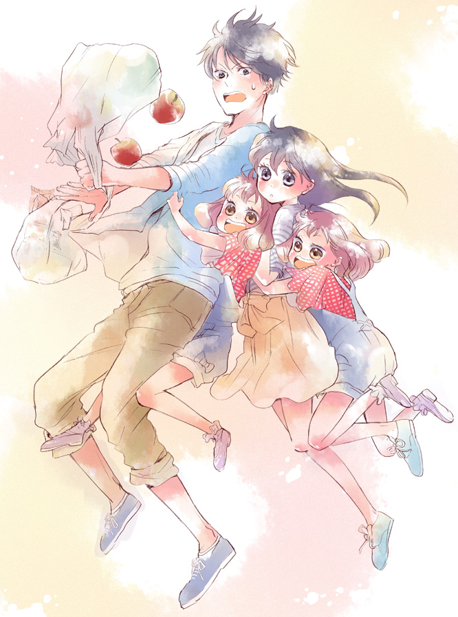 1boy, 3girls, apple, food, fruit, groceries, hinata_wahei, kunimae_china, kunimae_chise, kunimae_hotaka, long_hair, machita, multiple_girls, ohayou_toka_oyasumi_toka, original, purple_hair, short_hair, siblings, twins