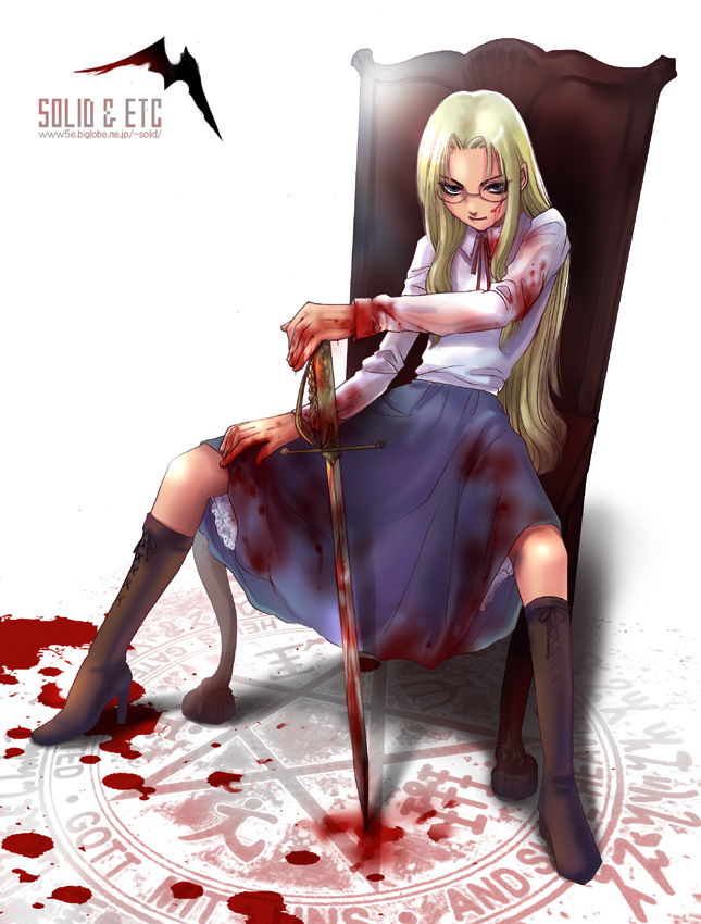 blood, blood_on_face, blood_stain, boots, glasses, hellsing, high_heels, integra_hellsing