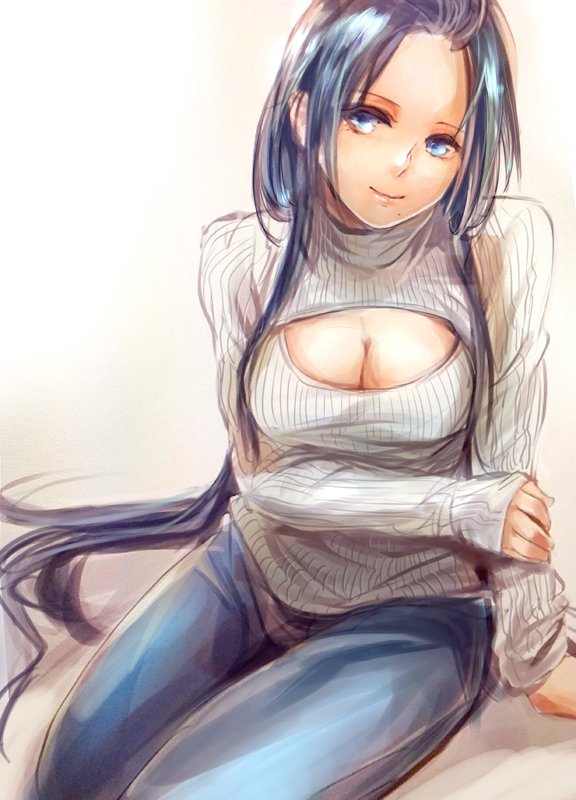 1girl, arm_support, blue_eyes, blue_hair, breasts, cleavage, contemporary, denim
