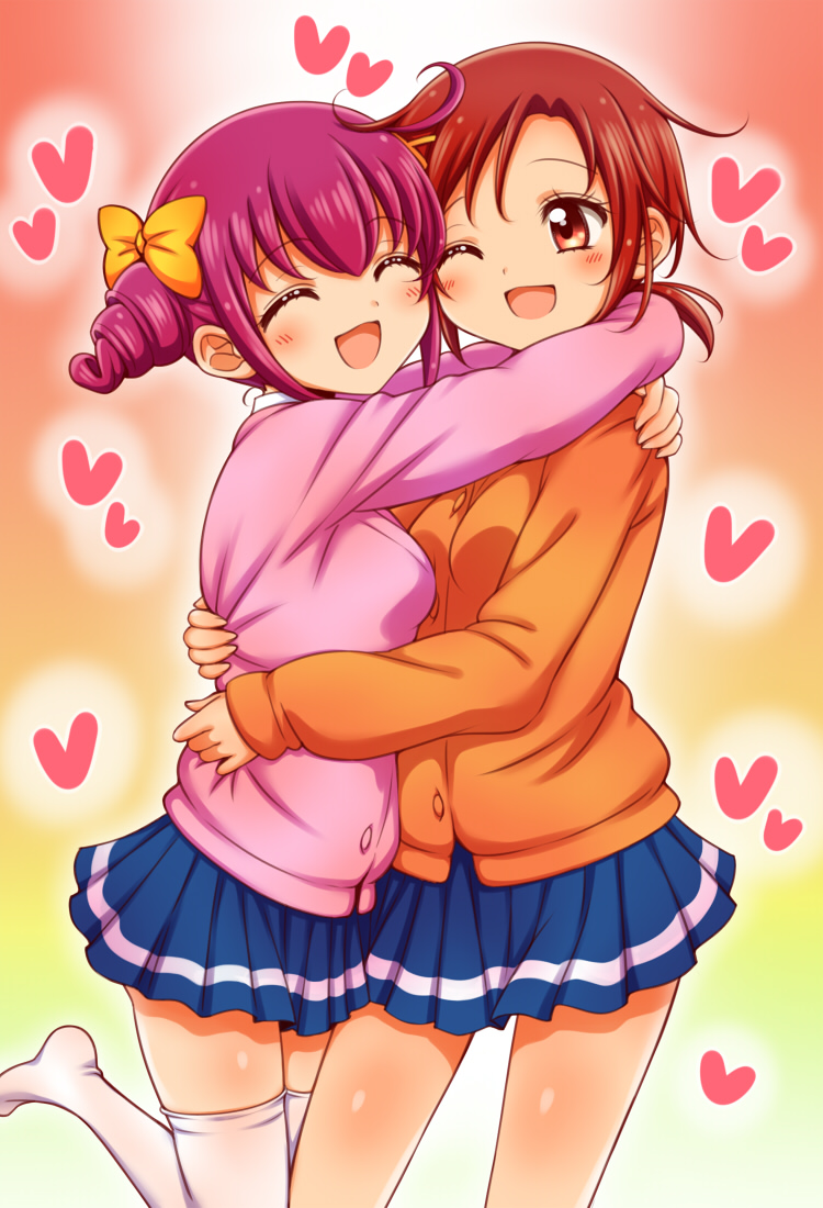 2girls, ahoge, blush, bow, closed_eyes, drill_hair, hair_bow, hair_ornament, hairclip, heart, hino_akane_(smile_precure!), hoshizora_miyuki, hug, kuga_yoshito, multiple_girls, no_shoes, one_eye_closed, pink_hair, pleated_skirt, ponytail, precure, red_eyes, redhead, school_uniform, skirt, smile_precure!, sweater, thigh-highs, twin_drills, white_legwear, yuri, zettai_ryouiki