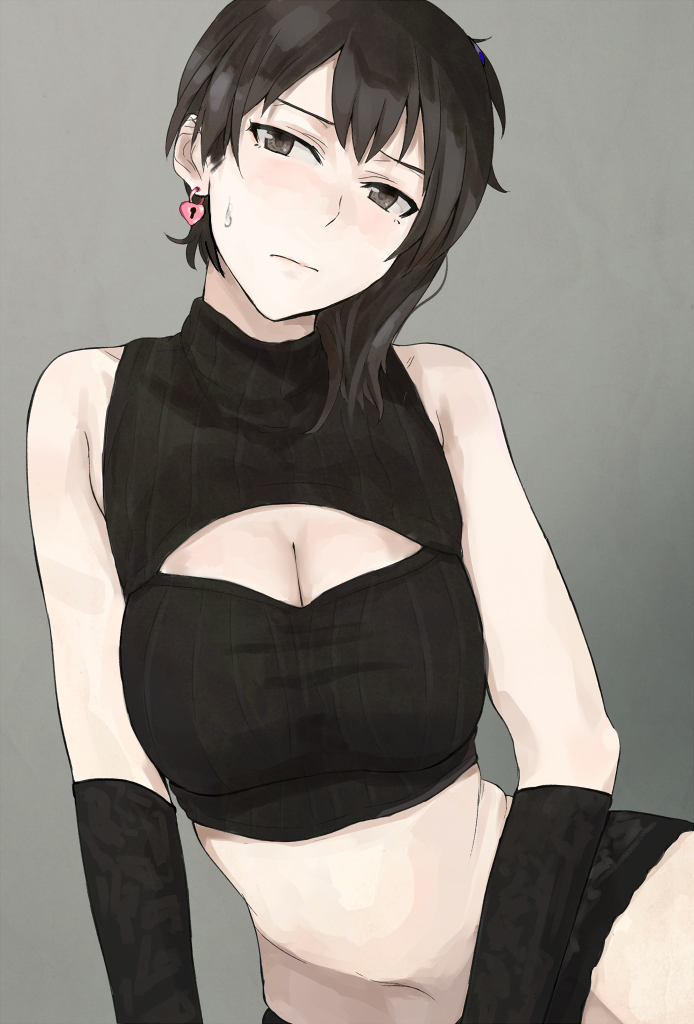 1girl, arm_support, black_eyes, black_gloves, black_hair, black_panties, blush, breasts