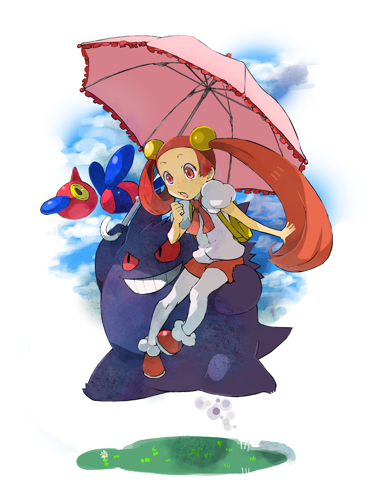 1girl, bag, blue_beak, bow, carrying, floating, flower, gengar
