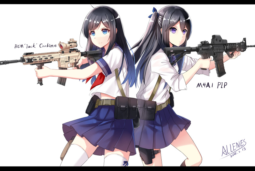2girls, absurdres, acog, allenes, angled_foregrip, aqua_eyes, ar-15, artist_name
