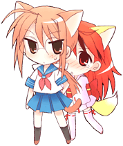 ahoge, blush, brown_hair, chibi, chisame, chisame_hasegawa, dress, foxgirl, glasses, kimono, kitsunemimi, knee_highs, long_hair, mahou_sensei_negima, negima, nekomimi, pony_tail, red_eyes, redhead, sd, seifuku, skirt, thigh_highs, necktie, uniform