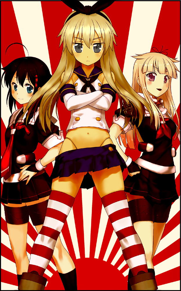 3girls, :d, ahoge, bare_shoulders, black_gloves, black_hair, black_serafuku, blonde_hair