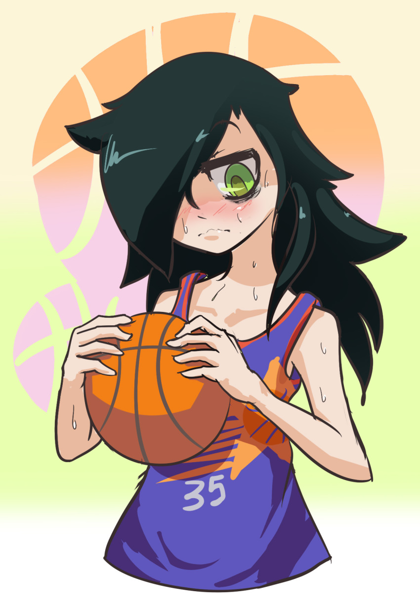 1girl, bags_under_eyes, ball, basketball, basketball_uniform, black_hair, blush, bust, female, flat_chest, green_eyes, hair_over_one_eye, highres, kuroki_tomoko, long_hair, phoenix_suns, solo, sportswear, sweat, triple-q, watashi_ga_motenai_no_wa_dou_kangaetemo_omaera_ga_warui!