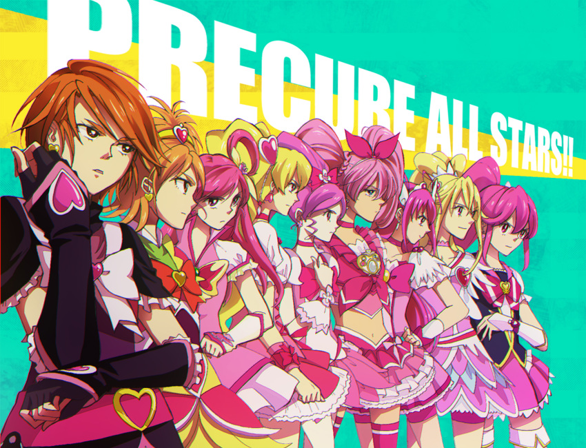 6+girls, :d, aida_mana, aino_megumi, bike_shorts, blonde_hair, blue_eyes, bow, brown_eyes, brown_hair, color_connection, cure_black, cure_bloom, cure_blossom, cure_dream, cure_happy, cure_heart, cure_lovely, cure_melody, cure_peach, dokidoki!_precure, earrings, fresh_precure!, futari_wa_precure, futari_wa_precure_splash_star, gloves, hair_bow, hair_ornament, hair_ribbon, hanasaki_tsubomi, happinesscharge_precure!, heartcatch_precure!, hoshizora_miyuki, houjou_hibiki, hyuuga_saki, jewelry, kiyoy777, looking_at_viewer, magical_girl, misumi_nagisa, momozono_love, multiple_girls, open_mouth, pink, pink_eyes, pink_hair, precure, precure_all_stars, ribbon, serious, skirt, smile, smile_precure!, suite_precure, tiara, trait_connection, wrist_cuffs, yes!_precure_5, yumehara_nozomi