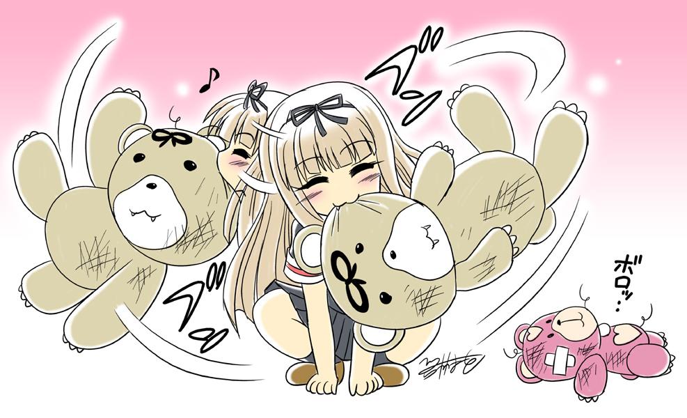 1girl, aoki_hagane_no_arpeggio, blonde_hair, fang, hair_ribbon, happy, kantai_collection, kirishima_(aoki_hagane_no_arpeggio), kneehighs, pleated_skirt, ribbon, school_uniform, serafuku, shoes, skirt, stuffed_animal, stuffed_toy, teddy_bear, wakabayashi_makoto, yotarou_(aoki_hagane_no_arpeggio), yuudachi_(kantai_collection)
