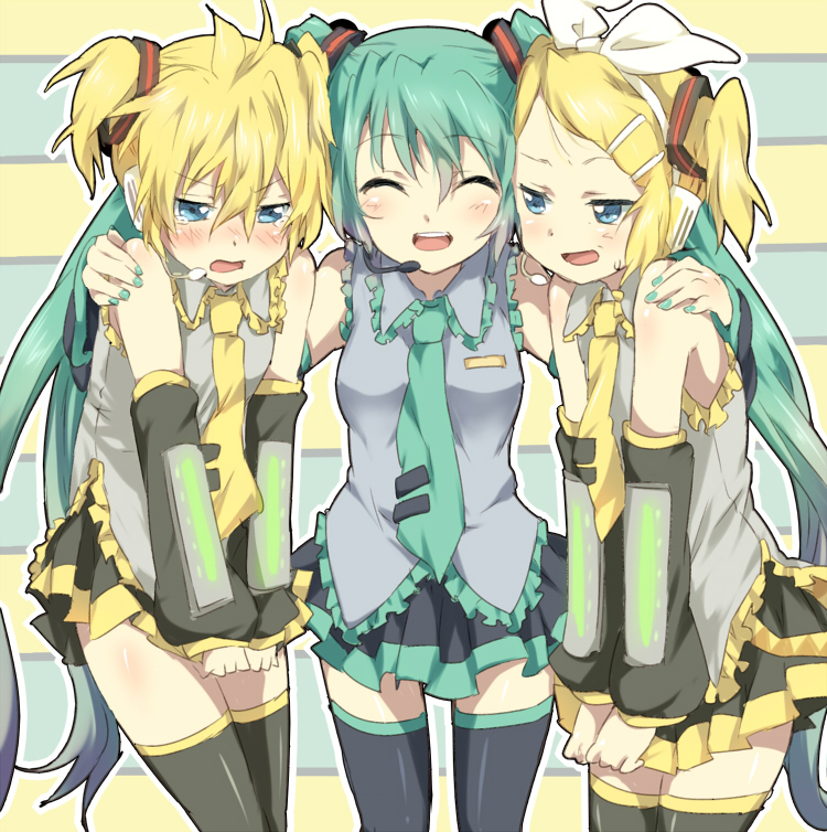 1boy, 2girls, aqua_hair, bad_id, bare_shoulders, blonde_hair, blue_eyes, blush