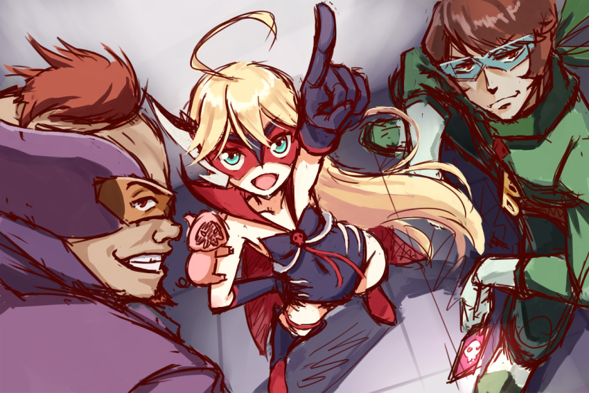 1girl, 2boys, ahoge, aqua_eyes, beard, blonde_hair, boyakki, brown_hair