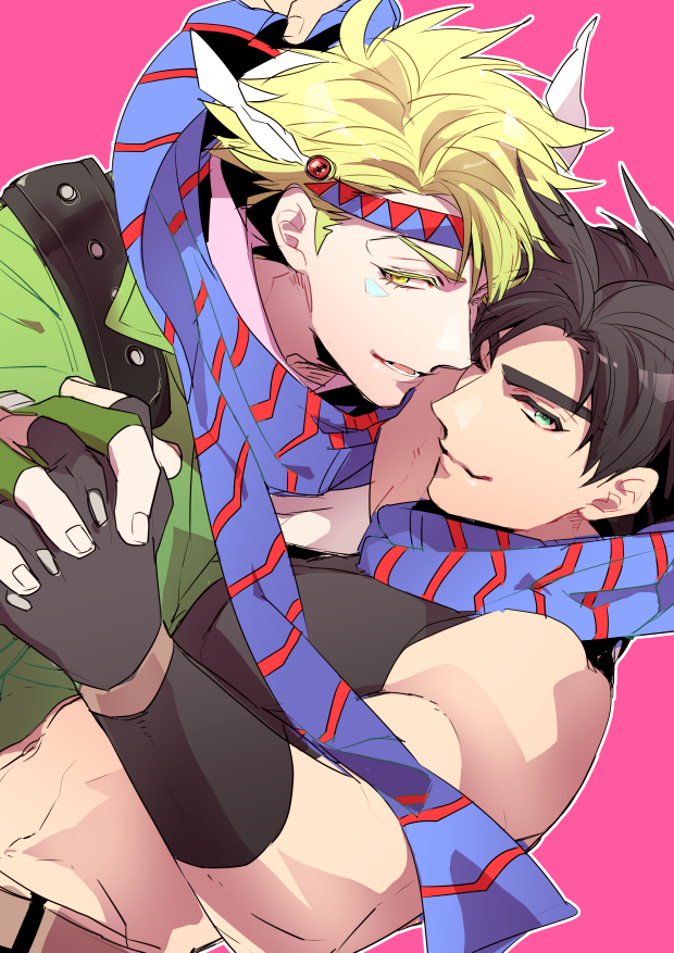 black_hair, blonde_hair, caesar_anthonio_zeppeli, chikusawa, dancing, feathers, fingerless_gloves, gloves