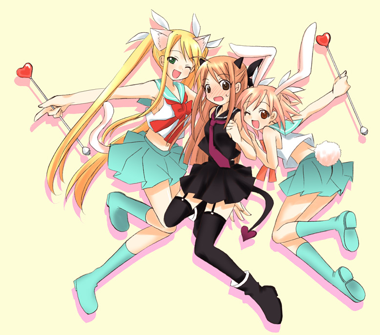 blonde_hair, boots, bow, brown_eyes, bunnygirl, chisame, chisame_hasegawa, green_eyes