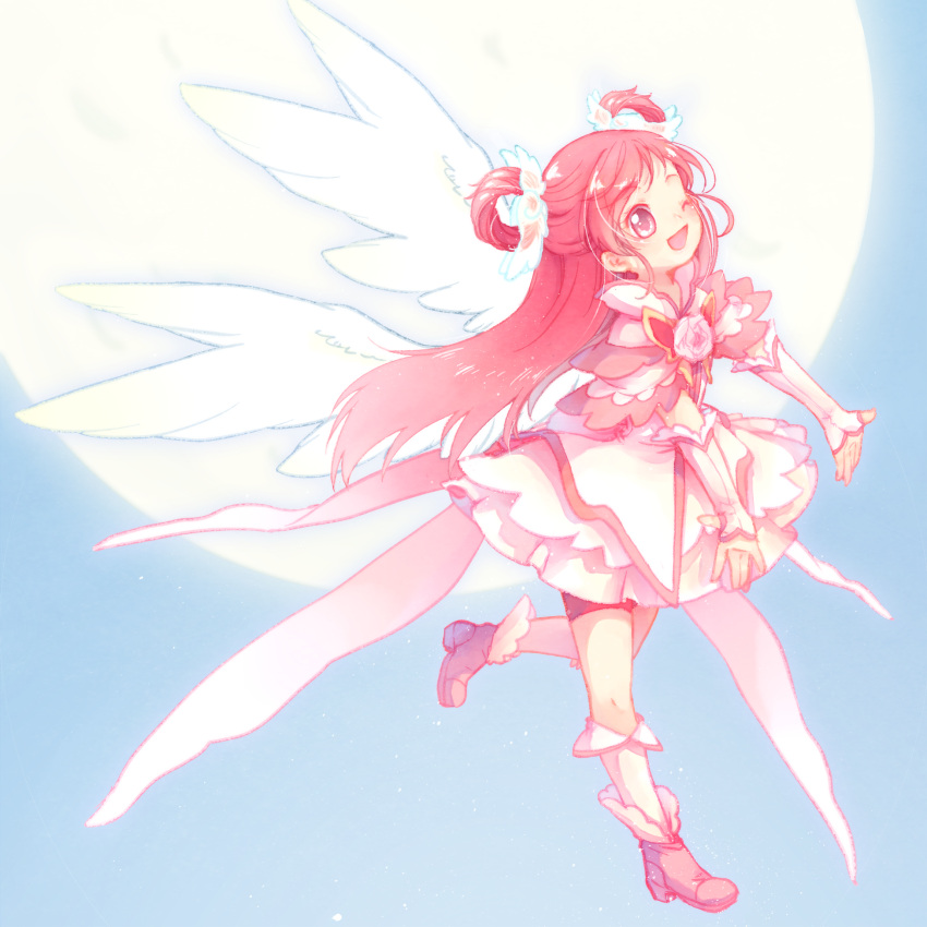 1girl, ;d, angel_wings, arm_warmers, bike_shorts, boots, collar, collared_shirt