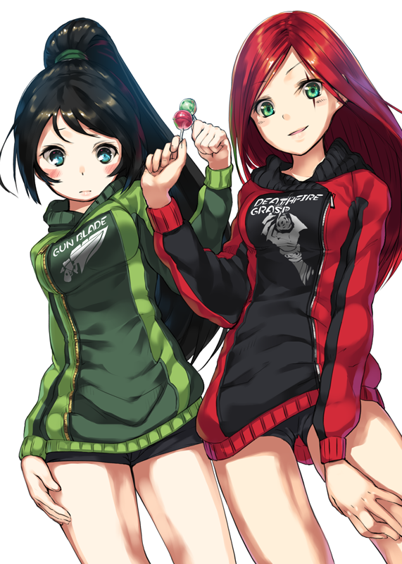 akali, alternate_costume, black_hair, blue_eyes, candy, green_eyes, kamome_yuu, katarina_du_couteau