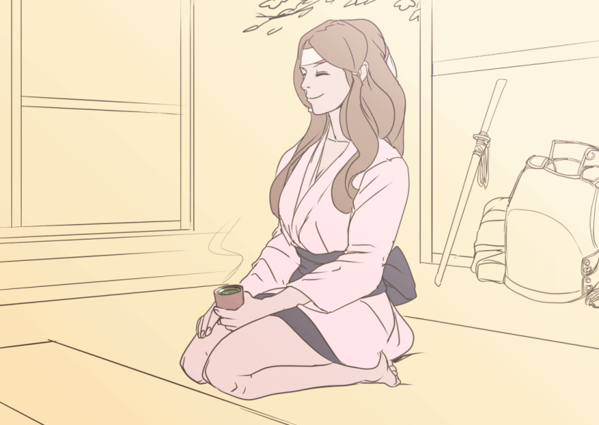 1girl, armor, closed_eyes, cup, fire_emblem, fire_emblem_if, headband, japanese_clothes, kimono, layeyes, seiza, sheath, short_kimono, sitting, smile, sword, tea, teacup, weapon